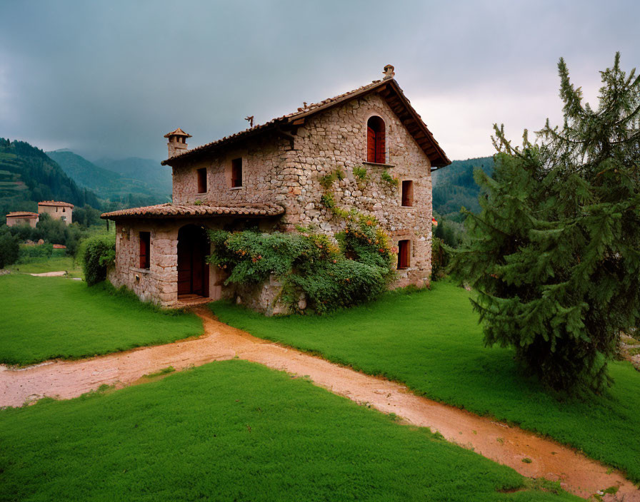 Stone House with Tiled Roof in Countryside Setting