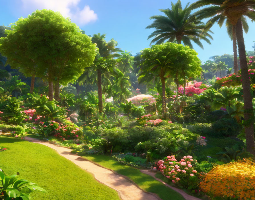 Vibrant garden with blooming flowers and tropical trees under sunlight
