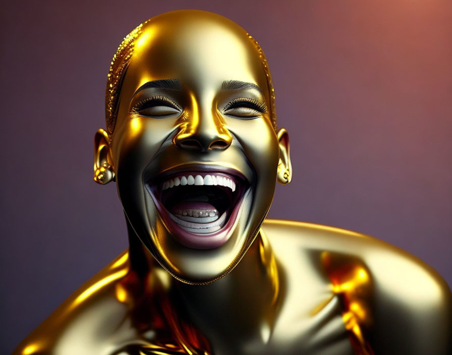 Digital artwork: Golden-skinned person with broad smile, emotive expressions on purple backdrop