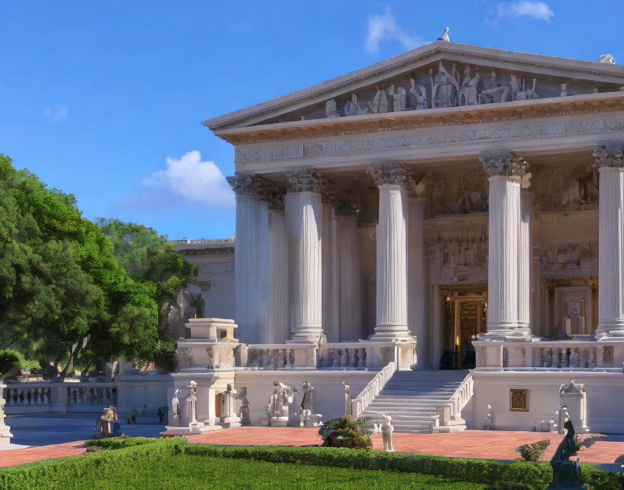 Neoclassical Building with Columns, Sculptures, Grand Staircase