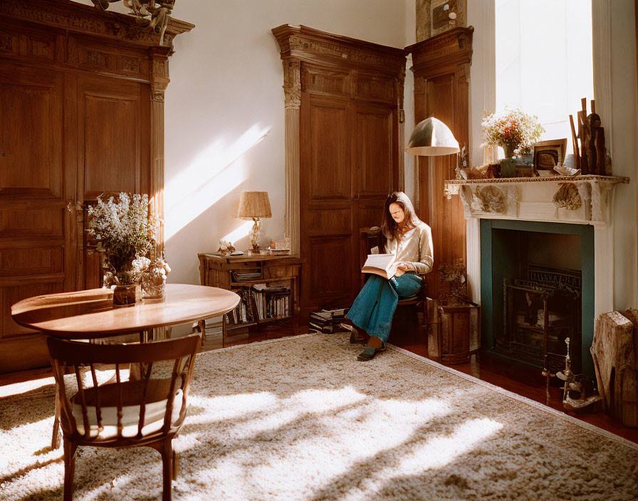 Woman Reading by Sunlit Window in Cozy Room