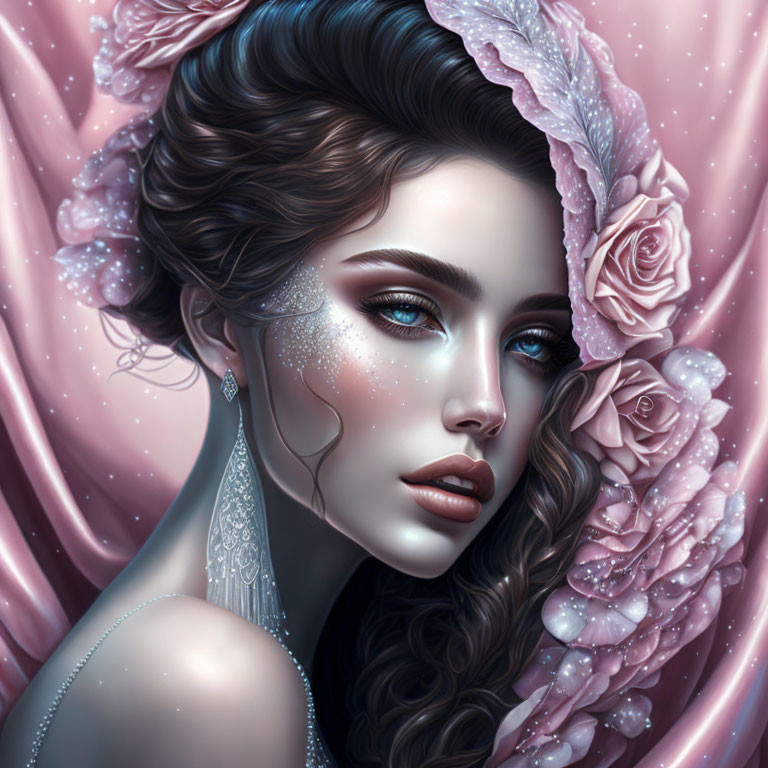 Illustrated portrait of woman with dark hair, blue eyes, jewelry, and pink roses