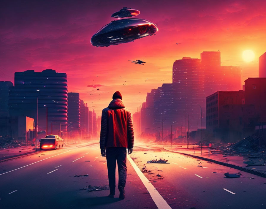 Deserted city street at sunset with person in red jacket gazing at flying saucers