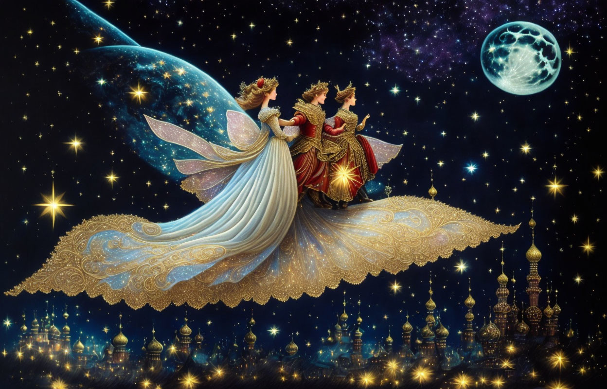 Royal couple on magical flying carpet over starry sky with luminous buildings and moon.