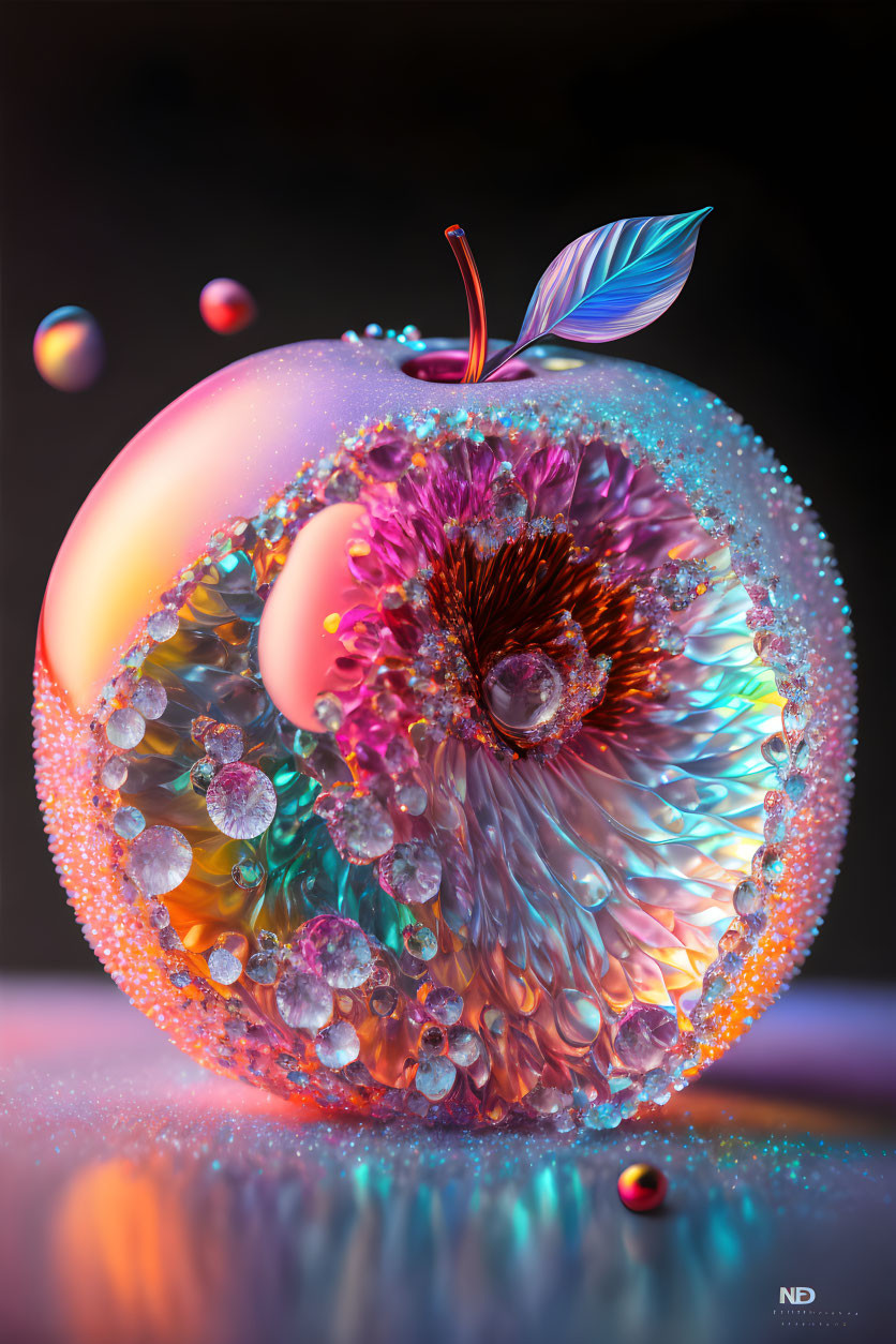 Vibrant surreal image: glossy apple with crystal interior and feather, orbs on dark backdrop