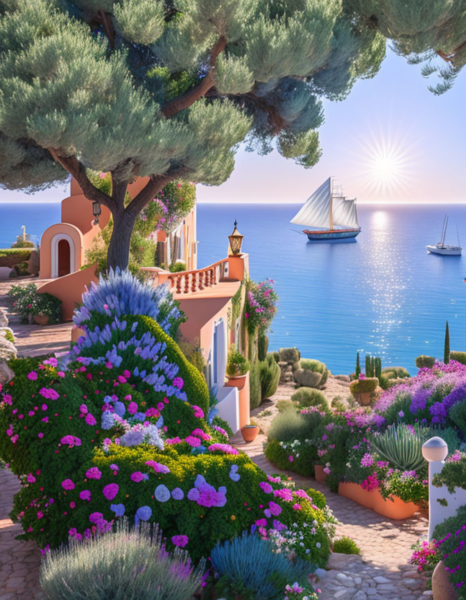 Tranquil coastal landscape with gardens, villa, sea, sailboats, and sunrise