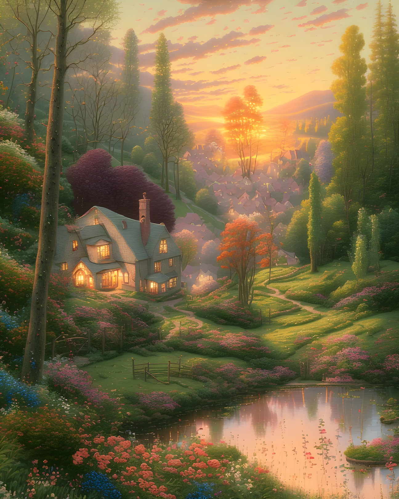 Sunset Glow on Cottage Surrounded by Trees and Flowers
