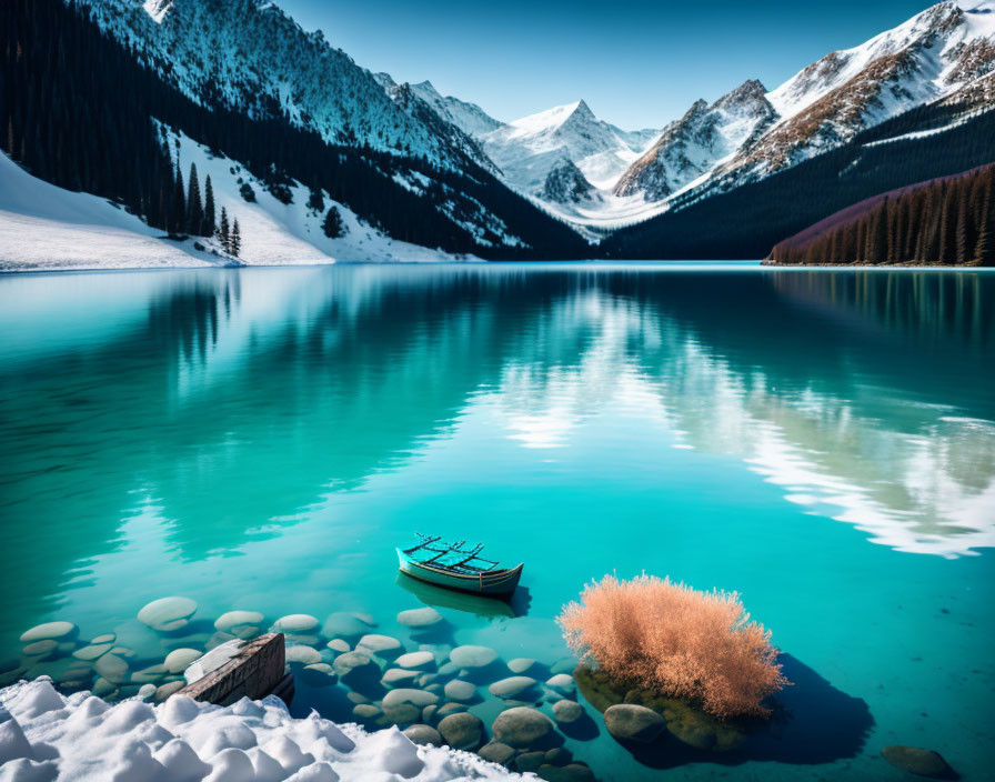 Turquoise Lake with Boat, Snow-Capped Mountains, Clear Sky