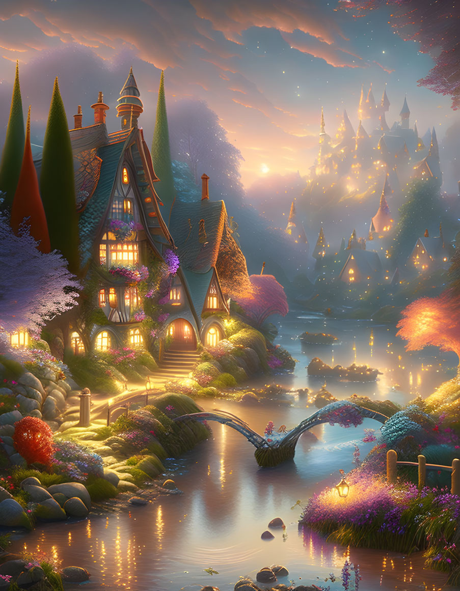 Fantasy landscape with whimsical cottage, river, gardens, twilight sky