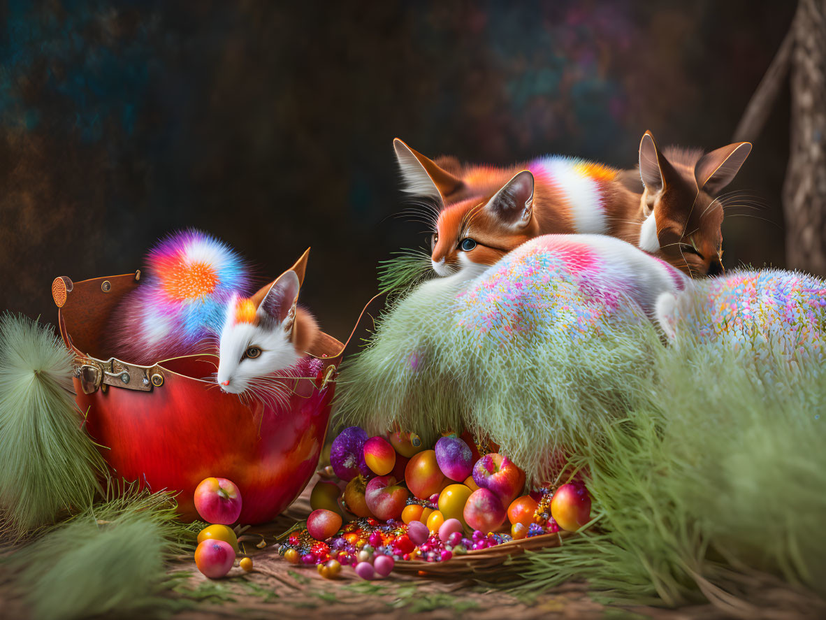 Colorful Foxes with Glowing Patterns in Fantasy Setting