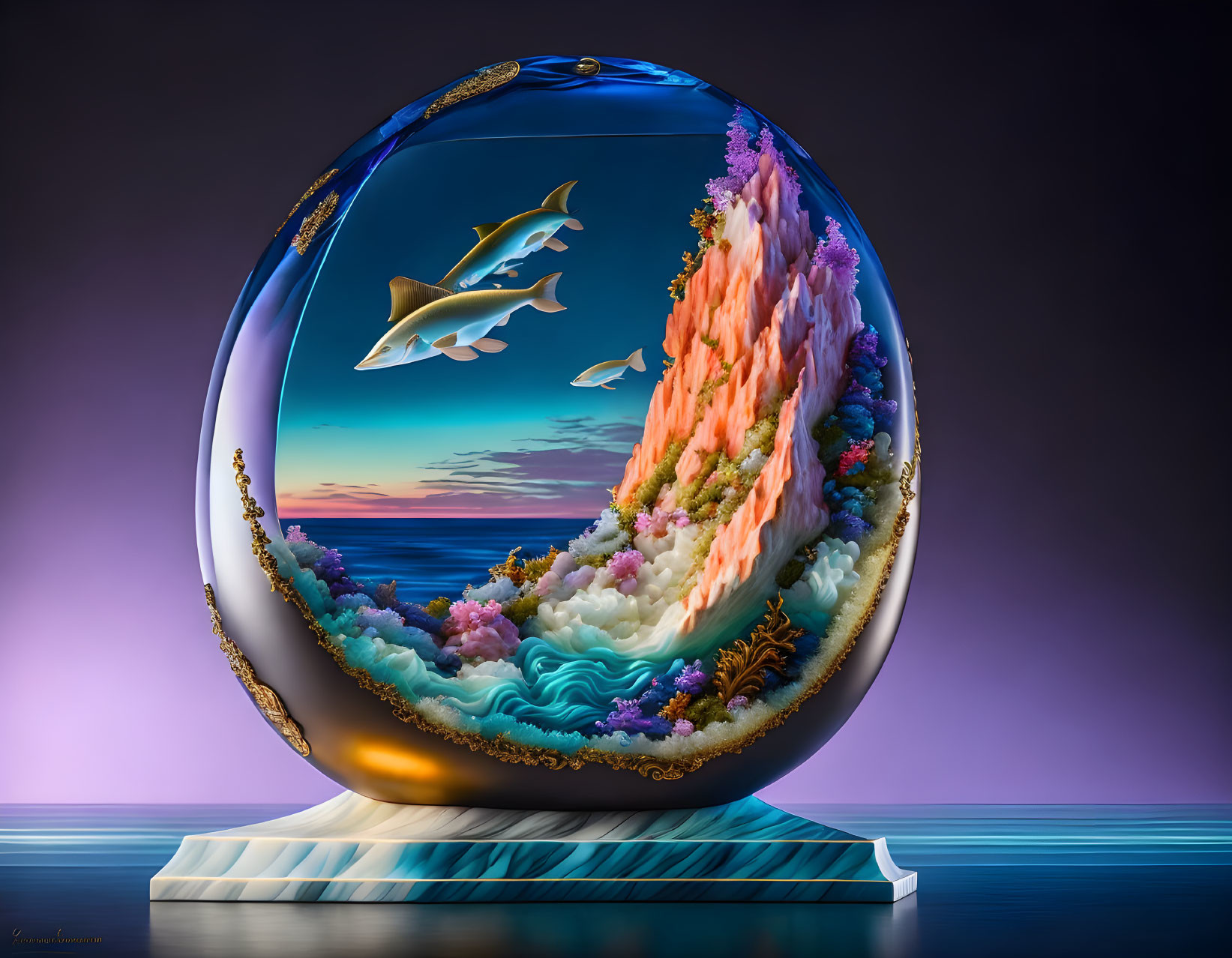 Snow globe featuring coral reef and dolphins on purple gradient background
