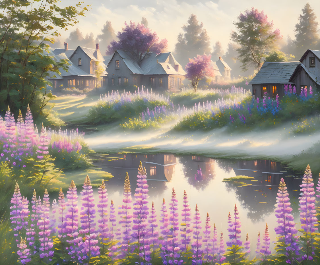 Tranquil village with thatched-roof houses and blooming purple flowers by serene pond