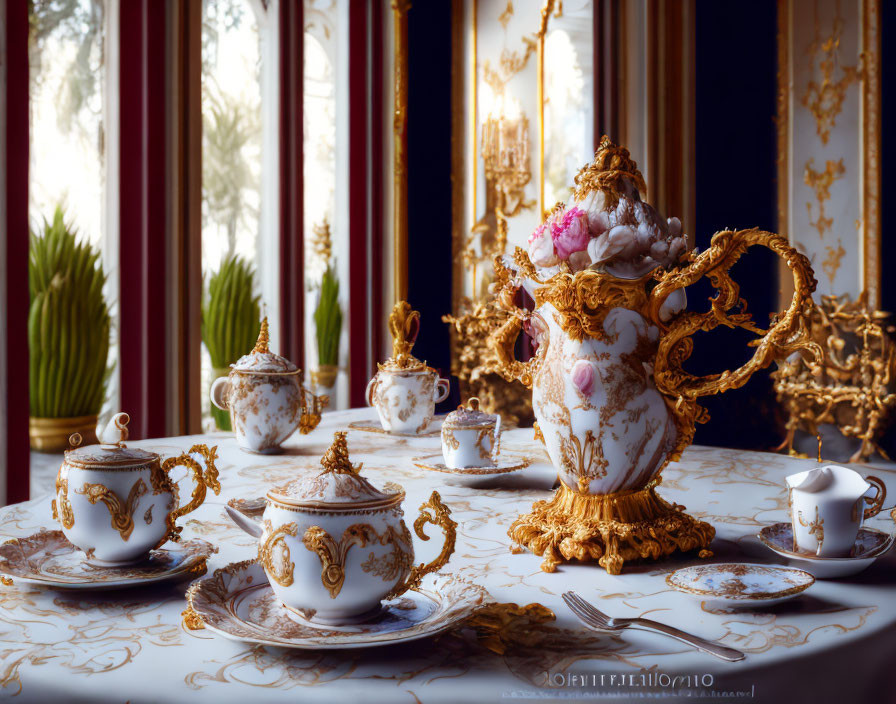 Luxurious Porcelain Tea Set with Gold Accents on Elegant Table