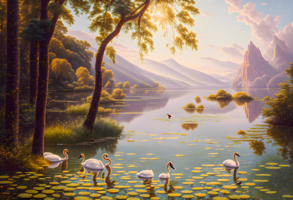 Tranquil lake scene with swans, water lilies, and sunrise.