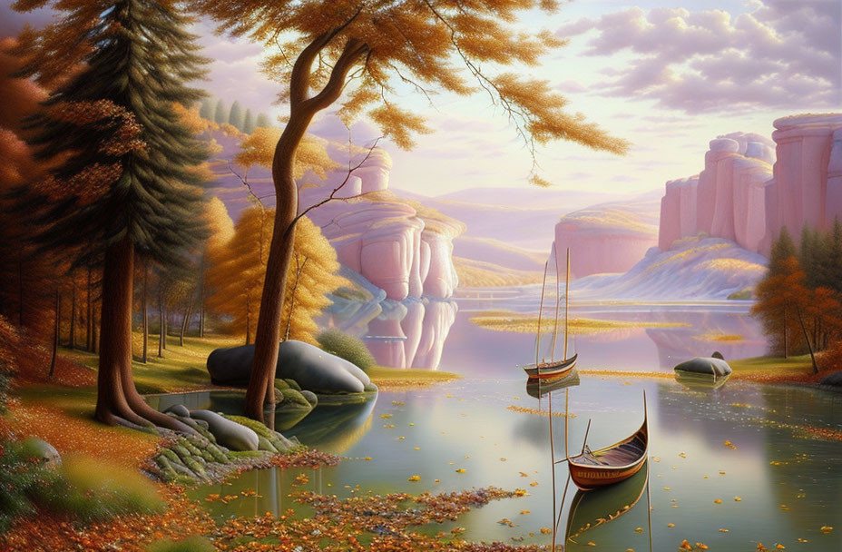 Tranquil autumn lake scene with trees, boat, and pink cliffs