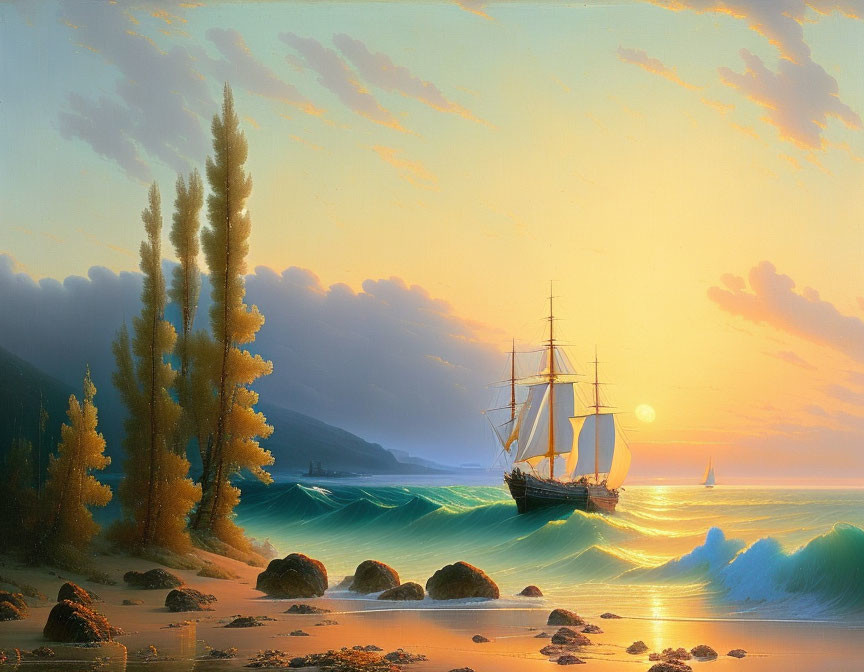 Sailing ship near shore at sunset with crashing waves and golden sky