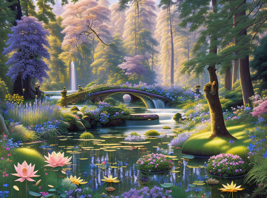 Tranquil fantasy forest with stone bridge, stream, flowers, trees, and waterfall