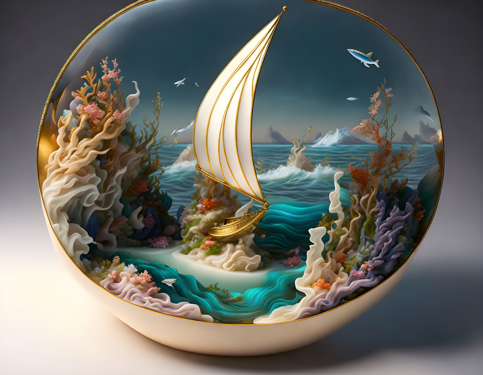 Circular Framed Illustration of Fantastical Sea Scene with Golden Sailboat, Coral Formations,