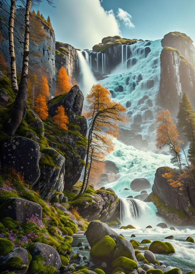 Majestic waterfall amid autumn trees and moss-covered stones