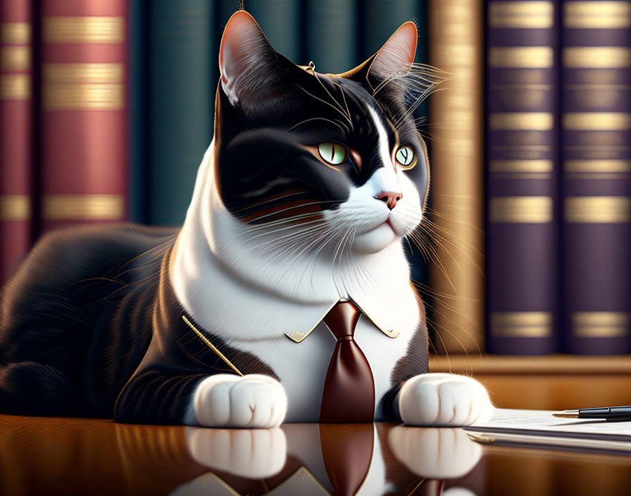 Professional Cat Illustration with Tie on Desk Surrounded by Books
