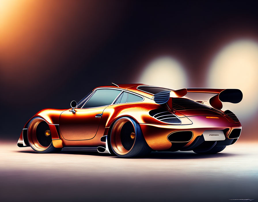 Vibrant Orange Sports Car with Rear Spoiler and Sunset Lighting