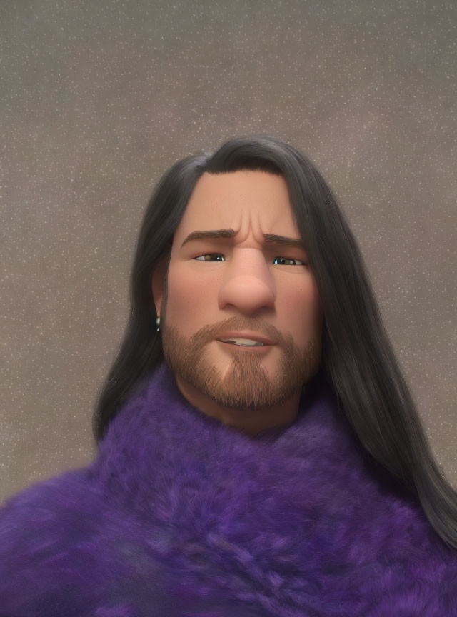 Man with Long Dark Hair and Purple Fluffy Collar in Digital Illustration