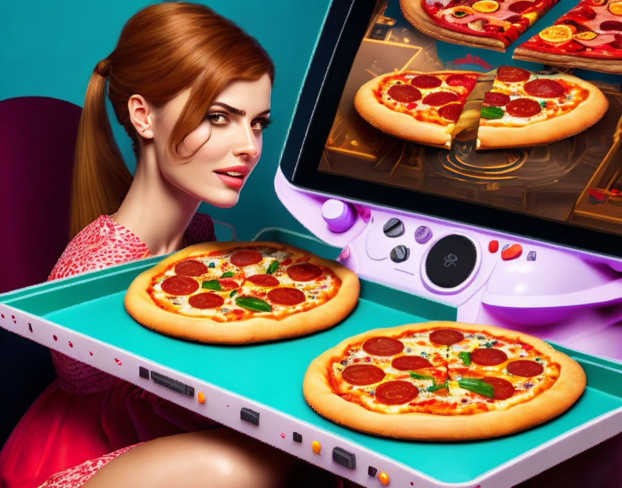 woman, pizza, game