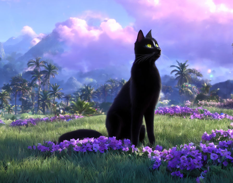 Black Cat in Purple Flower Field with Mountains and Pink Sky