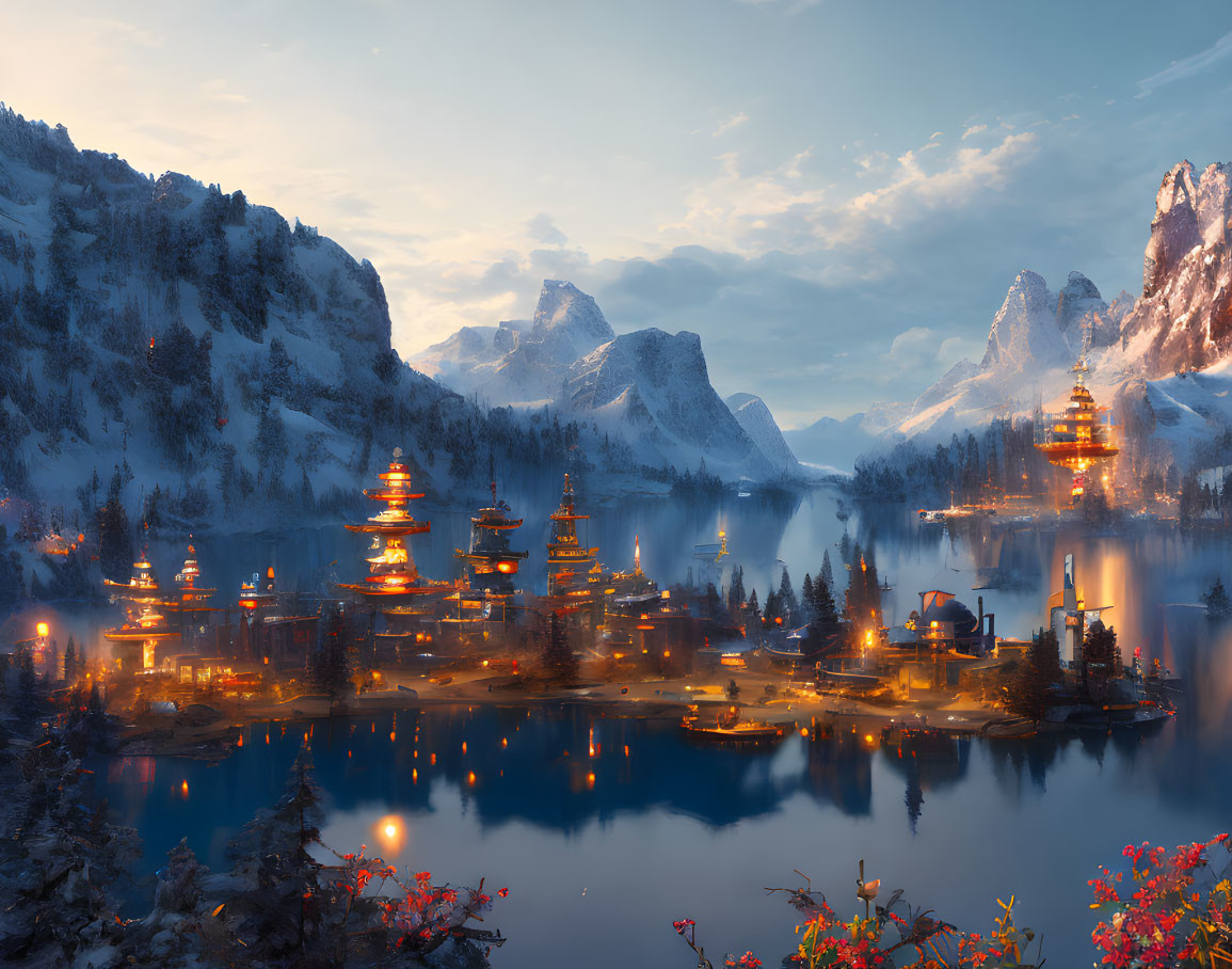 Snowy landscape with pagoda-style buildings, lake, and mountains at dusk
