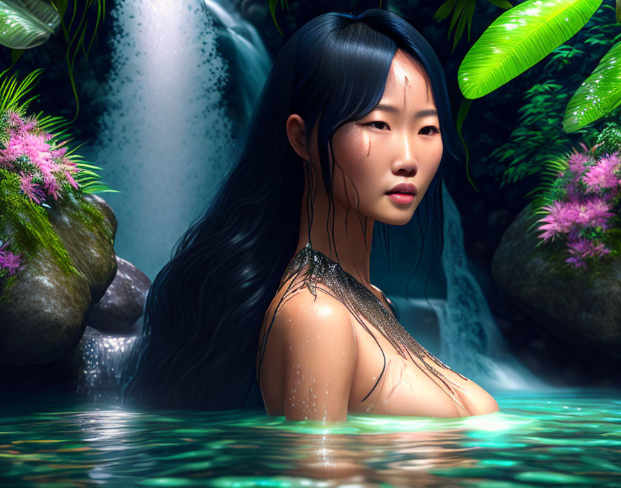 Woman in Water Surrounded by Rocks and Plants with Waterfall