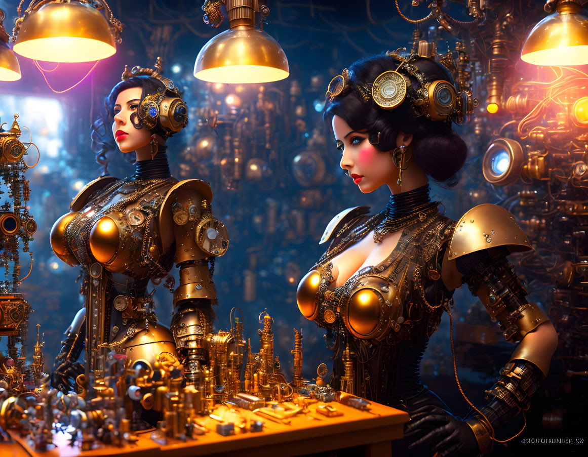 Steampunk-style female androids in detailed workshop with mechanical devices