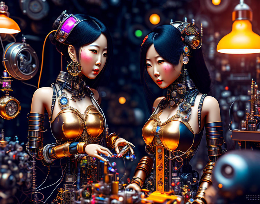 Steampunk-inspired female figures with intricate mechanical details working on electronic equipment under warm lighting