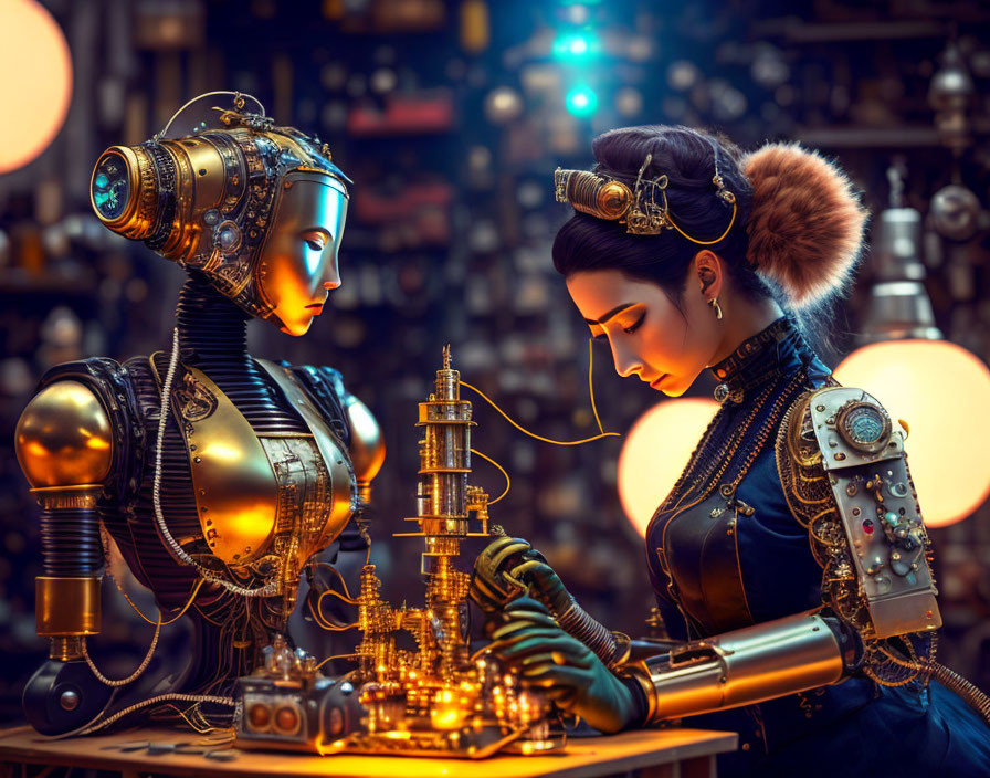 Robot and humanoid with cybernetic enhancements play chess in mechanical workshop.