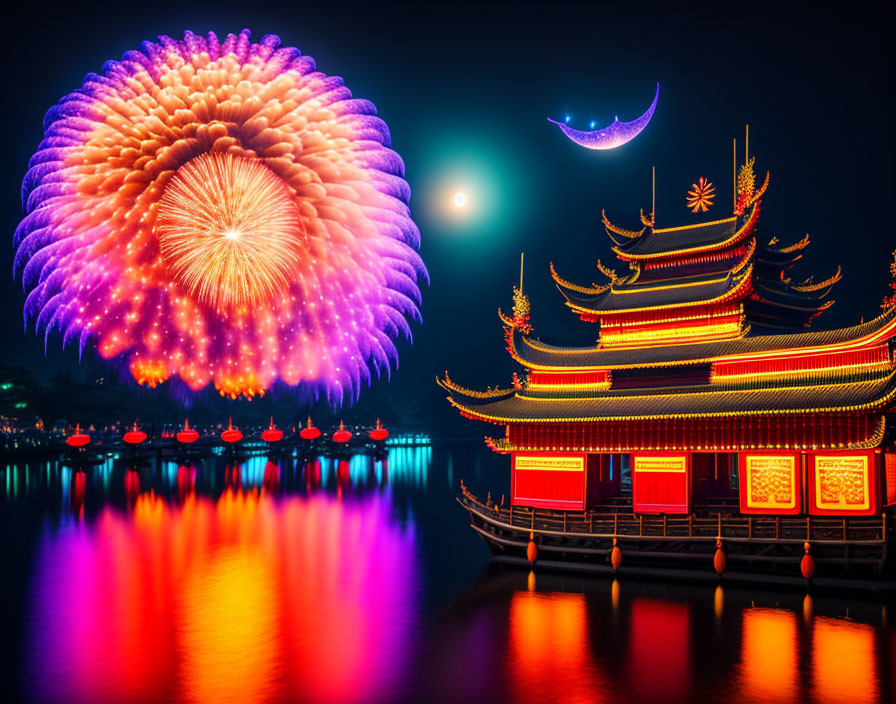 Vibrant fireworks display over a Chinese pagoda with red lanterns by moonlit water