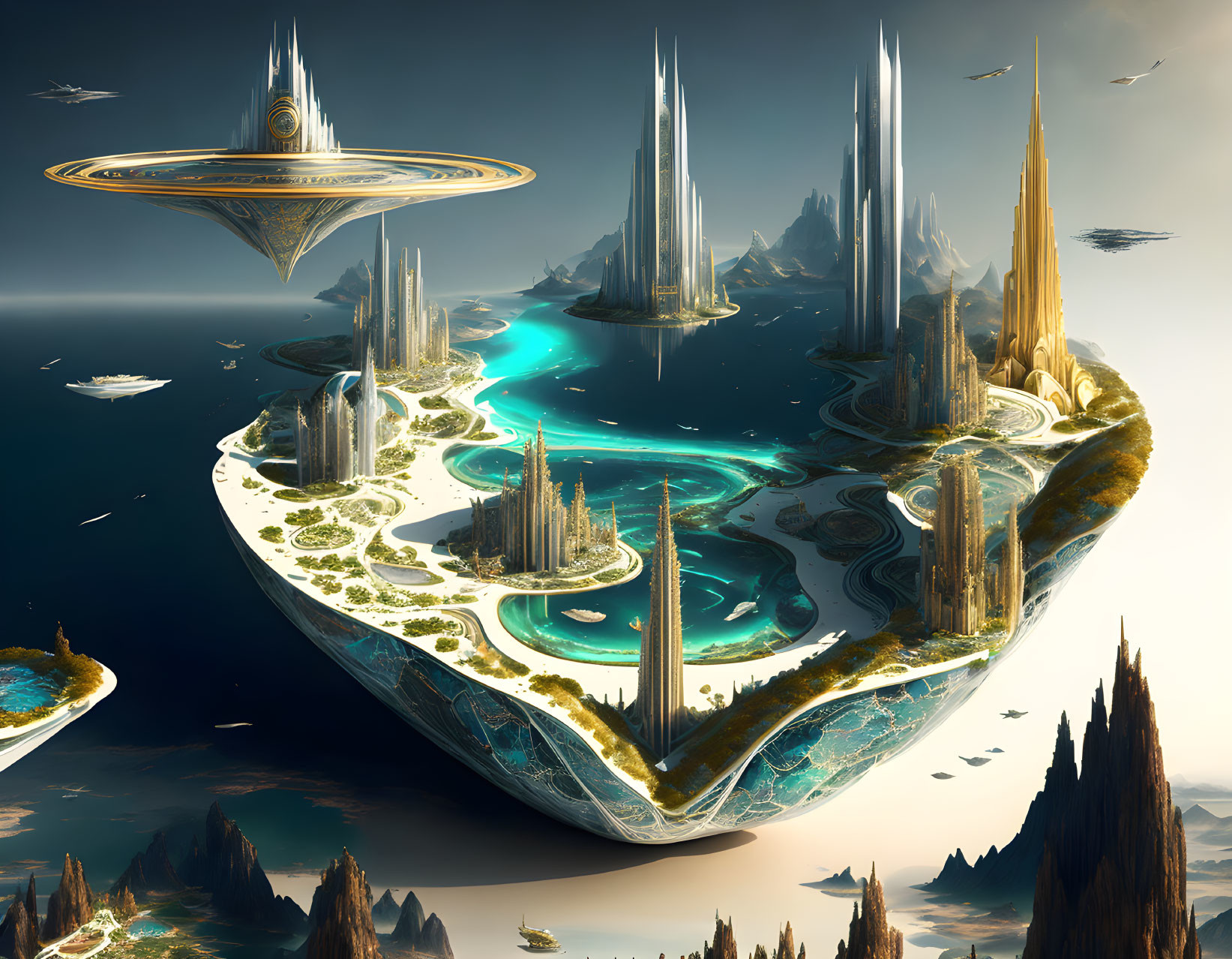Futuristic city with towering spires on floating island surrounded by water