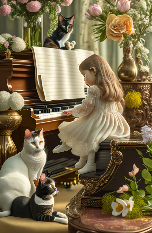 Young girl in white dress playing piano with three cats watching her