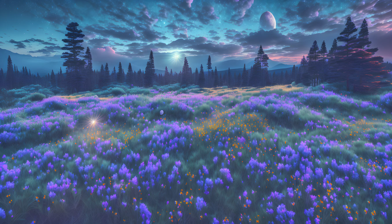 Twilight landscape with purple and yellow flowers, silhouetted pine trees, rising moon, and
