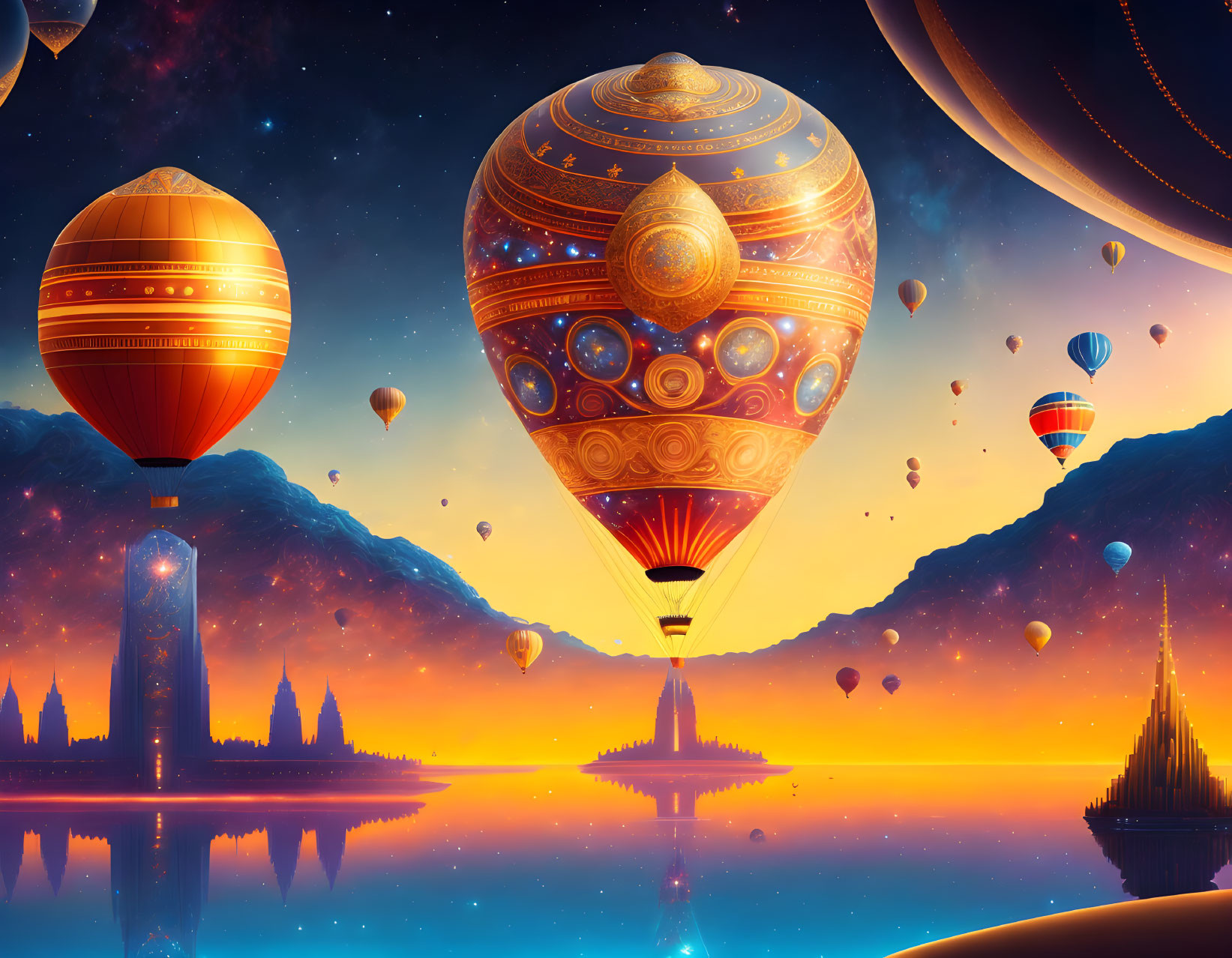 Colorful hot air balloons in futuristic sci-fi landscape