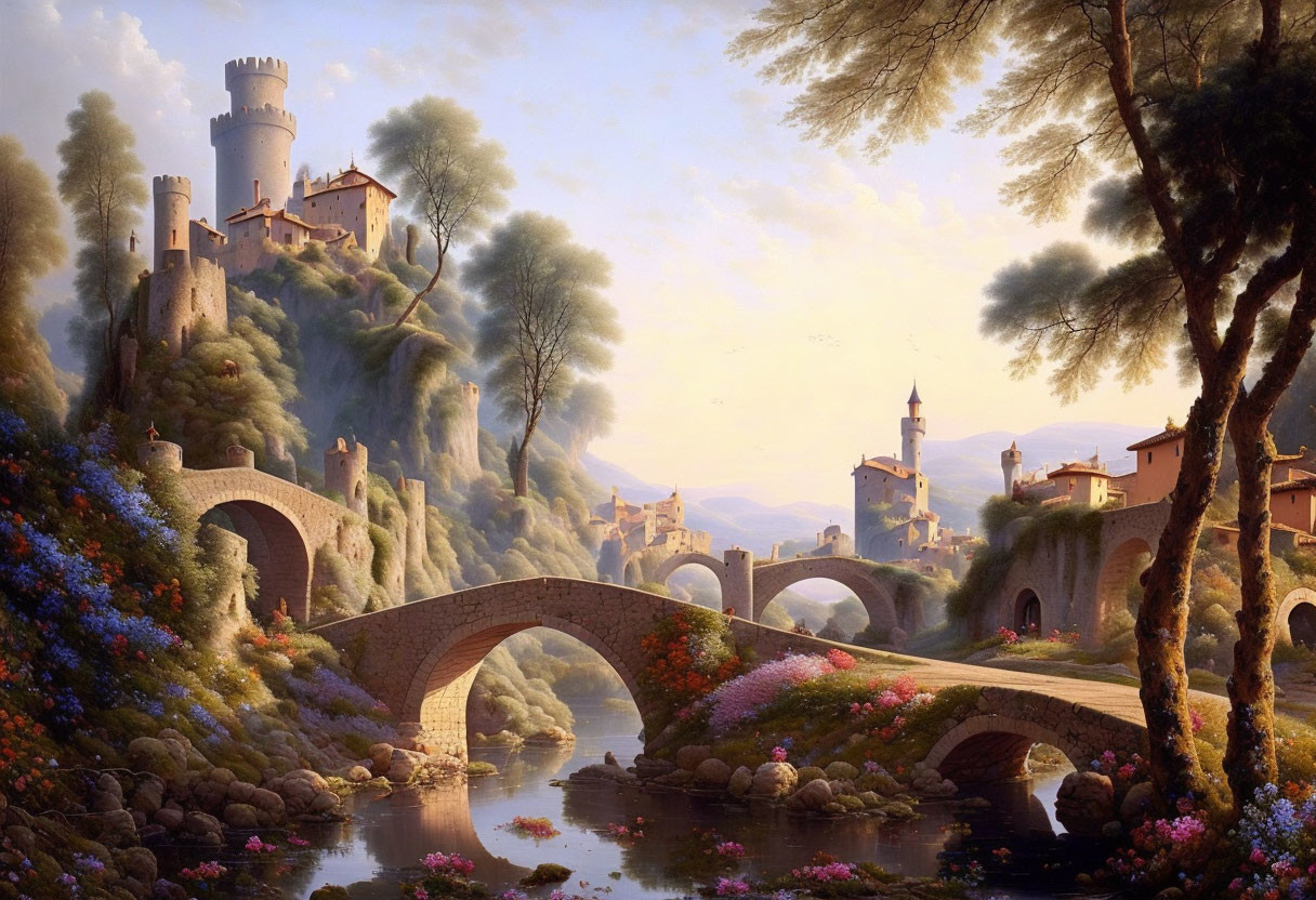 Fantasy landscape with stone bridge, castle, lush flora, and meandering pathways.