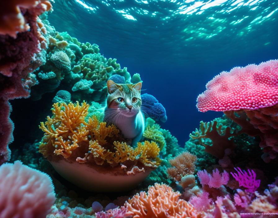 Cat's head on coral reef surrounded by vibrant marine flora