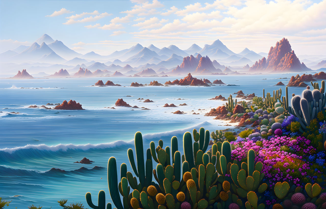 Tranquil seascape with layered mountains, rocky sea formations, beachfront cacti, and