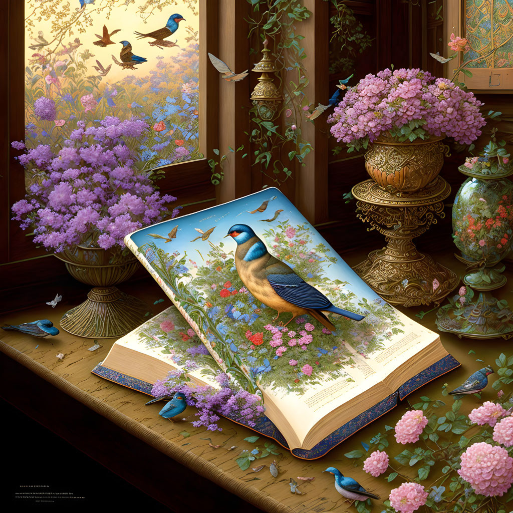 Illustrated book with bird on wooden table amidst lush flowers and decor