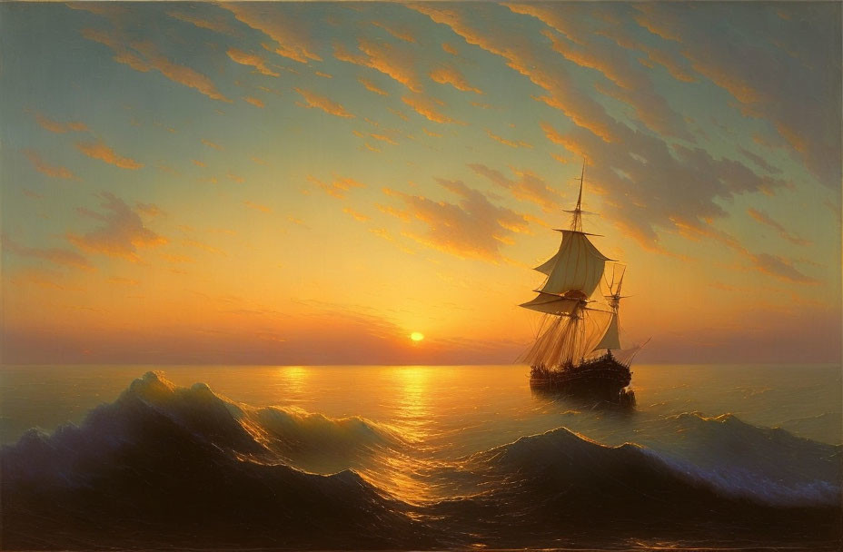 Sailing ship on golden sunset horizon with waves and cloudy sky