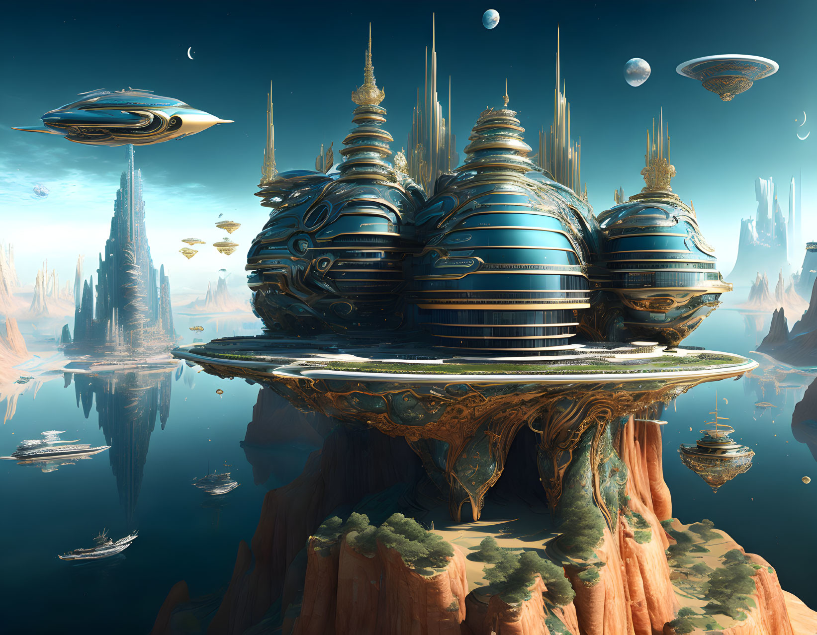 Advanced buildings on floating rock island in futuristic city.