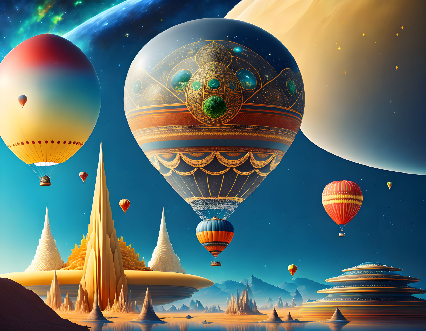 Vibrant hot air balloons over alien landscape with spire-like structures