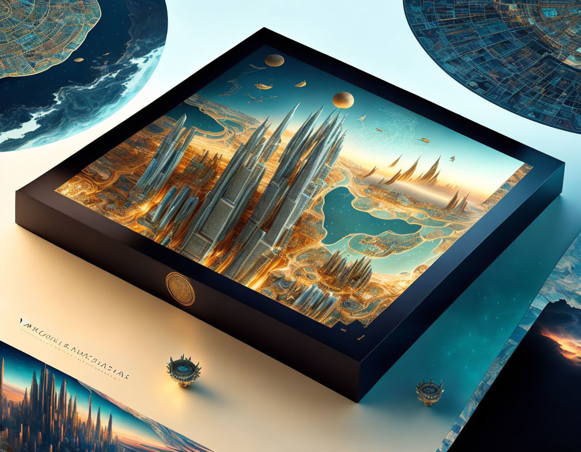 Detailed 3D futuristic cityscape with celestial bodies and space structures