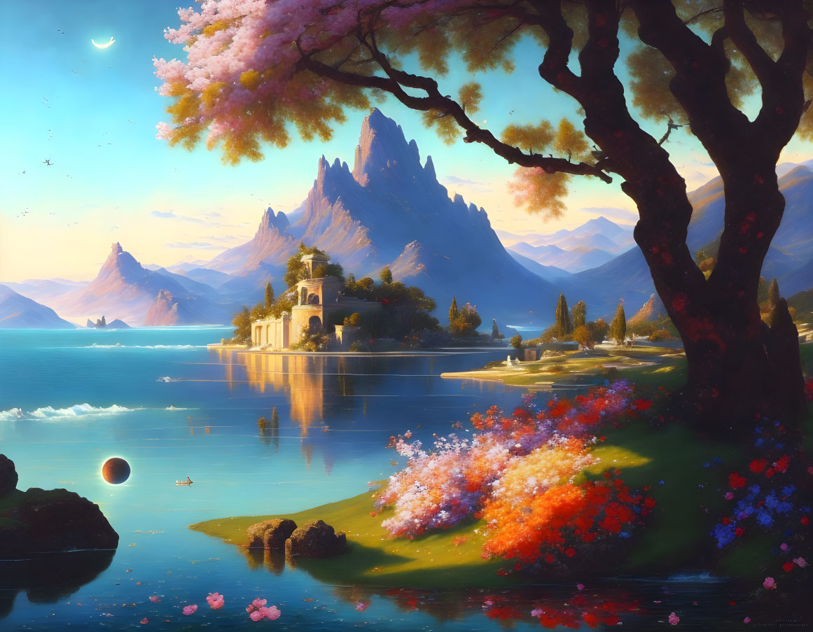 Tranquil landscape with blossoming tree, serene lake, and mountainous backdrop at dusk