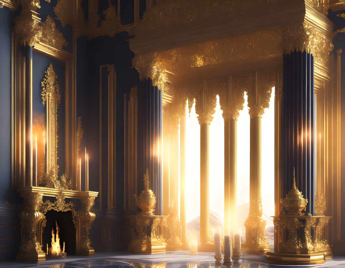 Opulent Hall with Golden Decorations and Sunlit Windows