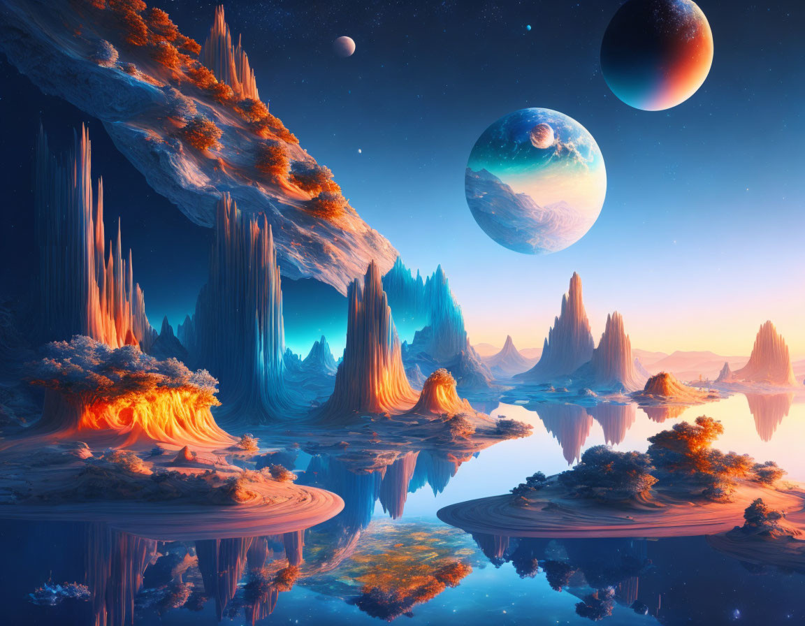 Majestic sci-fi landscape with rock formations, water, vegetation, and celestial bodies