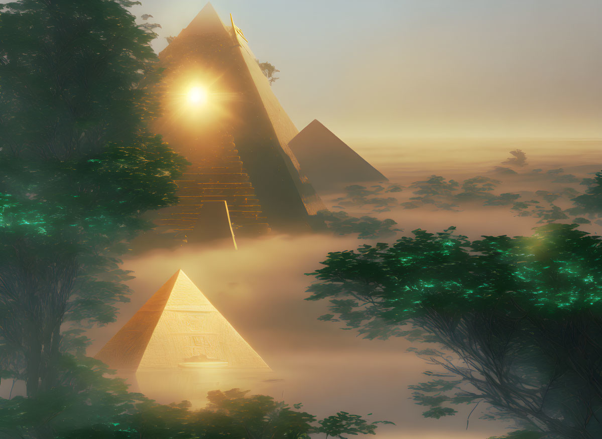 Mystical Pyramids in Foggy Forest at Sunrise